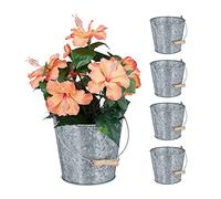 relaxdays Set da 5 Vasi per Fiori e Piante, Fioriere Giardino Balcone Impermeabili, con Manico, Ferro Zincato, Argentato