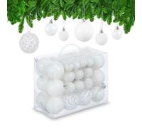Relaxdays Palline di Natale, Set da 50, Addobbi Natalizi, Opache, Lucide, Glitterate, ∅ 3,4 e 6 cm, Decorazioni, Bianco