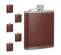 Relaxdays Set da 6 Fiaschette Tascabili, 200 ml, Borraccia in Acciaio Inox con Coperchio in Finta Pelle, Marrone Argento
