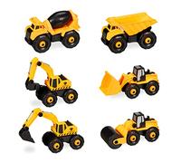 Relaxdays Set da 6 Veicoli da Costruzione Giocattolo per Bambini, Camion e Macchinine da Gioco, DIY, 3 Anni, Giallo Nero