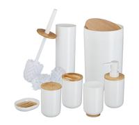 Relaxdays 7-Teiliges Badezimmer Pezzi, plastica e bambù, Set Completo di Accessori da Bagno, Bianco/Naturale, 65% 20% 15%, 7 pz