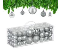 Relaxdays Palline di Natale, Set 76 Palle Albero, Addobbi Natalizi, Sfere in Plastica Opache, Lucide e Glitter, Argento