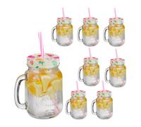 Relaxdays Set 8 Tazze, con Coperchio e Cannuccia, tè Freddo, Bevande, Limonate, per Party, con Manico, 500 ml, Colorato