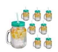 Relaxdays Set 8 Tazze, con Coperchio e Cannuccia, tè Freddo, Bevande, Limonate, per Party, con Manico, 500 ml, Verde, Ferro