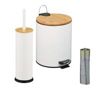 Relaxdays Set da Bagno con 2 Accessori, Pattumiera da 5 L e Portascopino con Spazzola WC, Ferro e bambù, Naturale Bianco