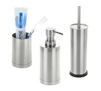 Relaxdays Set da Bagno da 3 Accessori, Acciaio Inox, Bicchiere Portaspazzolino, Dispenser Sapone, Scopino WC, Argentato, 17 x 8,5 x 7 cm