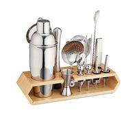 Relaxdays Set da Cocktail, 16 Accessori per Barman Kit Bar, Supporto, Shaker, Misurino, Pinza Ghiaccio, Argento Naturale, Acciaio Inox