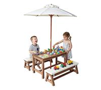 Relaxdays Set da Giardino per Bambini con Tavolo, panche, ombrellone e Cuscini, Legno Marrone, 50 x 89 x 44 cm