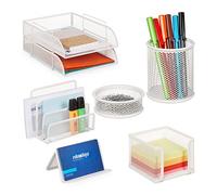 Relaxdays Set da Scrivania, 7 Accessori da Ufficio, in Acciaio, Porta Lettere, Documenti, Bloc-Notes, Portapenne, Bianco, 8,5 x 26,5 x 33,5 cm