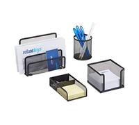 Relaxdays Set da Scrivania Ufficio, 4 Accessori, Portacarte, Portapenne, Contenitore Foglietti e Graffette, Mesh, Nero