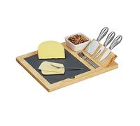 Relaxdays Set da Tavola, Vassoio in bambù e 3 Posate Formaggio, Piatto Rettangolare Tagliere per Aperitivo, Marrone Nero, 6,5 x 32 x 27 cm