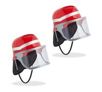 Relaxdays Set di 2, Colore Rosso Casco da Pompiere per Bambini, Set da 2 Cappelli Vigile da Fuoco da Bimbo con Visiera, 24,5x22,5x28 cm