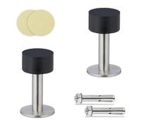 Relaxdays Fermaporta, Set da 2, Bloccaporta da Pavimento o Parete, Autoadesivo a da Avvitare, Acciaio, Nero Argentato, Inox, 8 x 4,5 cm