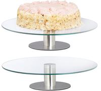 Relaxdays Alzatina Dolci, Set da 2, Vassoio Girevole in Vetro, Alzata Rotonda Ø 30cm, Trasparente Argentato, Acciaio Inox