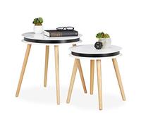 Relaxdays Set di 2 Tavolini Modulari, Gambe in Legno, Rotondi, Spessore 5 cm, Ø 40 & 48cm, Bianco/Legno Naturale