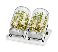 Relaxdays Set di 2 vasetti per germogli, Supporto e Vassoio di drenaggio, 850 ml, Trasparente/Bianco