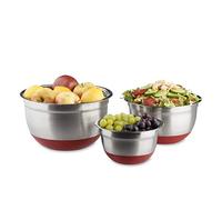 Relaxdays Set di 3 Ciotole, Base Antiscivolo, Varie Misure, Scodelle da Cucina, Acciaio Inox, Rosso