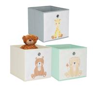 Relaxdays Scatole per bambini Set da 3 – Motivi animali, pieghevoli in tessuto – 30x30x30 cm