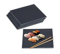 Relaxdays Set di 6 Piatti da Portata in Ardesia, Set da 6 Vassoi Quadrati 25x25 cm, Servire Sushi, Salumi e Formaggi, Nero