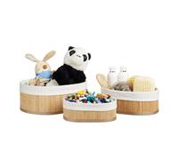 Relaxdays Cestino da Bagno Portaoggetti, Pratico Set da 3, Fodera in Tessuto, Bambù, Ovale, Giochi, Naturale