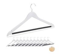Relaxdays Set di Grucce, 12 Stampelle in Legno per Magliette & Pantaloni, con Tacche, Asta Gommata Antiscivolo, bianco