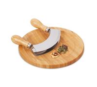 Relaxdays Mezzaluna con Tagliere Ø 20cm, Coltello a Doppia Lama Trita Erbe, in Acciaio Inox e bambù, Naturale Argentato