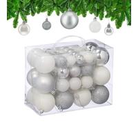 Relaxdays Palline di Natale, 50 Palle Albero, Addobbi Natalizi, Opache, Lucide e Glitter, ∅ 3, 4 e 6 cm, Argento Bianco