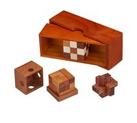 Relaxdays Set di Rompicapo in Legno, 3 Giochi di Intelligenza, Box con Puzzle di Logica, per Bambini e Adulti, Marrone