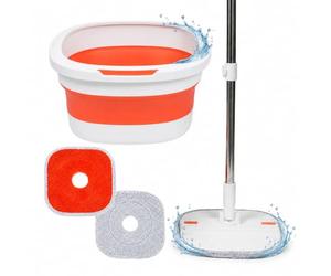 Relaxdays Set mocio, secchio 3,8L con strizzatore, bianco-arancione | salvaspazio, HLP 18x34,5x34,5 cm, 2 panni