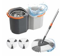 Relaxdays Set mocio, secchio 7,5L con strizzatore, impilabile, 25x28x54 cm, 2x teste microfibra, grigio