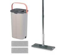 Relaxdays Set mop piatto con secchio 5L, 2 scomparti, raschiatori, grigio | 39x19x24,5 cm, 2 panni microfibra
