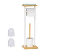 Relaxdays Piantana Portarotolo e Portascopino, Porta Rotolo Carta Igienica e Scopino, 73,5x20x20cm, Ferro, Bambù, Bianco