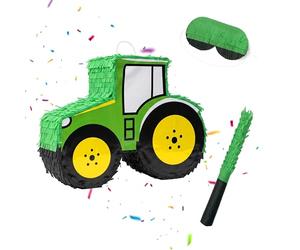 Relaxdays Set Pinata, 3 pz., trattore appendibile, bimbi, verde/giallo | Asta e maschera