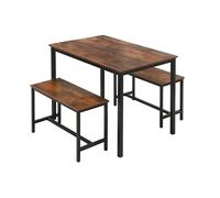 Relaxdays Set Pranzo, 2 panche, Tavolo 75 x 110 x 60 cm, Panca HLP 50 x 30 cm, Marrone/Nero, Fibra di Legno, Ferro