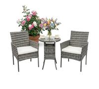 Relaxdays Set salotto da giardino, 3 pezzi in rattan per 2, poltrone e tavolo in vetro, per esterni, grigio, 80 x 55 x 59 cm