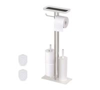 Relaxdays Piantana Portarotolo e Portascopino da Bagno, Porta Rotoli Carta Igienica Scorta, 77x30x15 cm, Metallo, Bianco, Plastica, Ferro, Acciaio Inox