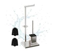 Relaxdays Set WC HBT: 67,5 x 20 x 15,5 cm, in acciaio inox, porta carta igienica in piedi, spazzola, porta rotolo di ricambio, colore argento