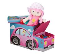 Relaxdays Baúl taburete de autobús Sgabello Bambini Contenitore Giocattoli con Scomparto, Pieghevole, Forma di Automobile 50 l Fucsia, Poliestere, H x B x T: ca. 33 x 27 x 56 cm