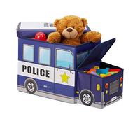 Relaxdays, Blu Scuro Sgabello Bambini Contenitore Giocattoli con Scomparto, Pieghevole, Furgone della Polizia 50 l, Poliestere, 33x27x56 cm ca
