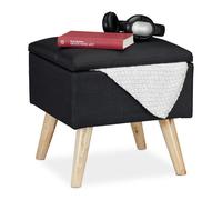 Relaxdays Sgabello con Contenitore, Rivestimento in Lino Sintetico, Gambe in Legno e Coperchio, HLP: 40x40x40 cm, Nero