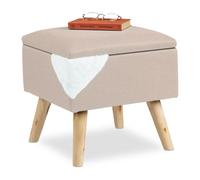 Relaxdays Sgabello con Contenitore, Rivestimento in Lino Sintetico, Gambe in Legno e Coperchio, 40x40x40 cm, Beige