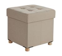 Relaxdays Sgabello Contenitore Imbottito Effetto Lino con Gambe in Legno, Quadrato, Beige 38x38x38 cm