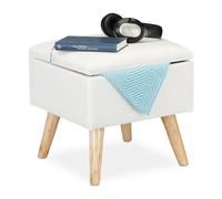 Relaxdays Sgabello contenitore con coperchio Rivestimento lino sintetico Gambe legno 40x40x40 Bianco