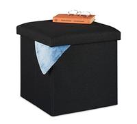 Relaxdays Sgabello con Contenitore, Pieghevole, Imbottitura Morbida, Quadrato, Stoffa, HxLxP: 37x37,5x37,5 cm, Nero
