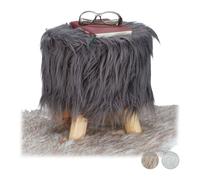 Relaxdays Sgabello con Pelliccia, Morbido, 4 Gambe in Legno, Poggiapiedi Imbottito, Pelo Sintetico, Rotondo, Decorativo, HxD: 31x31 cm, Grigio, Fibra