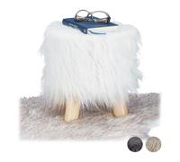 Relaxdays Sgabello con Pelliccia, Morbido, 4 Gambe in Legno, Poggiapiedi Imbottito, Pelo Sintetico, Rotondo, Decorativo, HxD: 31x31 cm, Bianco