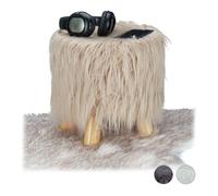 Relaxdays Sgabello con Pelliccia, Morbido, 4 Gambe in Legno, Poggiapiedi Imbottito, Pelo Sintetico, Rotondo, Decorativo, HxD: 31x31 cm, Marrone, Fibra