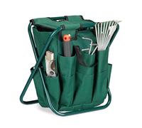 Relaxdays Sgabello con Portautensili da Giardino, Contenitore Accessori Giardinaggio, Pieghevole, 42 x 30 x 39 cm, Verde