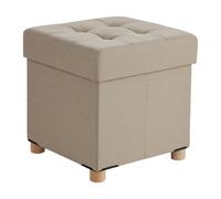Relaxdays Sgabello Contenitore Imbottito Effetto Lino con Gambe in Legno, Quadrato, Beige 38x38x38 cm