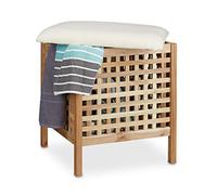 Relaxdays Sgabello da Bagno, Pouf Contenitore, Cuscino Imbottito, Portabiancheria, Porta Oggetti, Legno, Naturale Bianco, Noce, Marrone, 49.0x49.0x52.0 cm